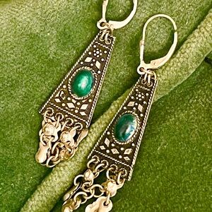 VTG 1960s sterling stamped jade dangle boho festival earrings